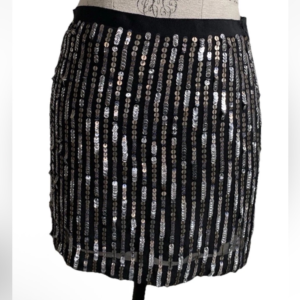 ▶️ Theory 100% Silk Sequin Mini Skirt Women 2 Black Evening Party Cocktail Lined
